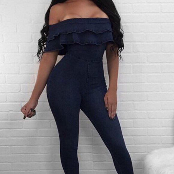 a'gaci Pants - "NWT" Dark Denim Off The Shoulder Ruffled Jumpsuit
